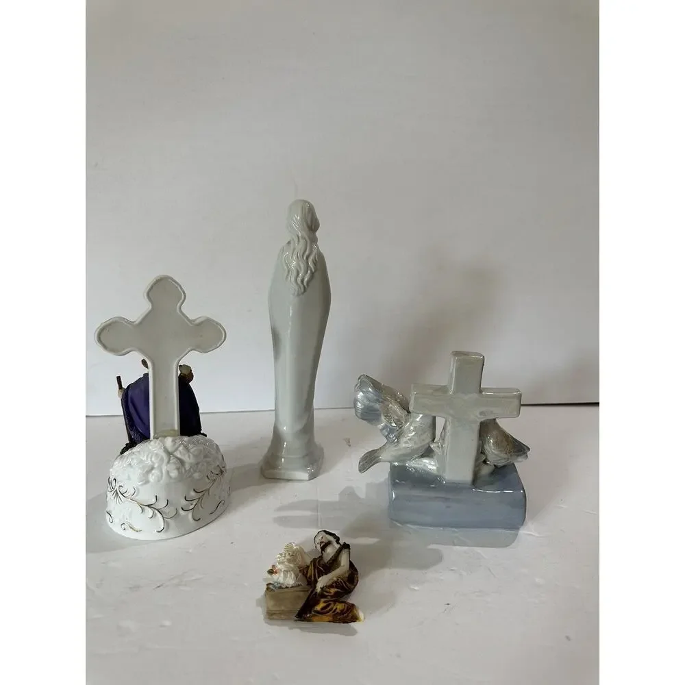 Lot Of 4 Religious Figures Praying Madonna Glazed Pigeons Joseph Mary Jesus READ
